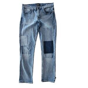 BLANKNYC Womens Stanton Distressed Patch Work Denim Jeans Acid Blue Size 32 x 31